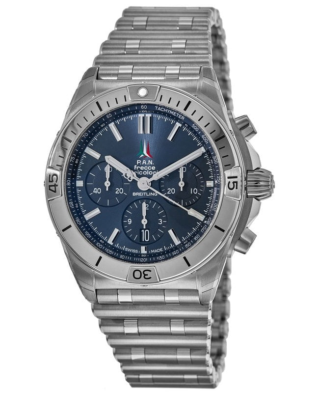 Breitling Chronomat B01 42 Frecce Tricolori Blue Dial Silver Steel Strap Watch for Men - AB01344A1C1A1 Buy Now By Breitling