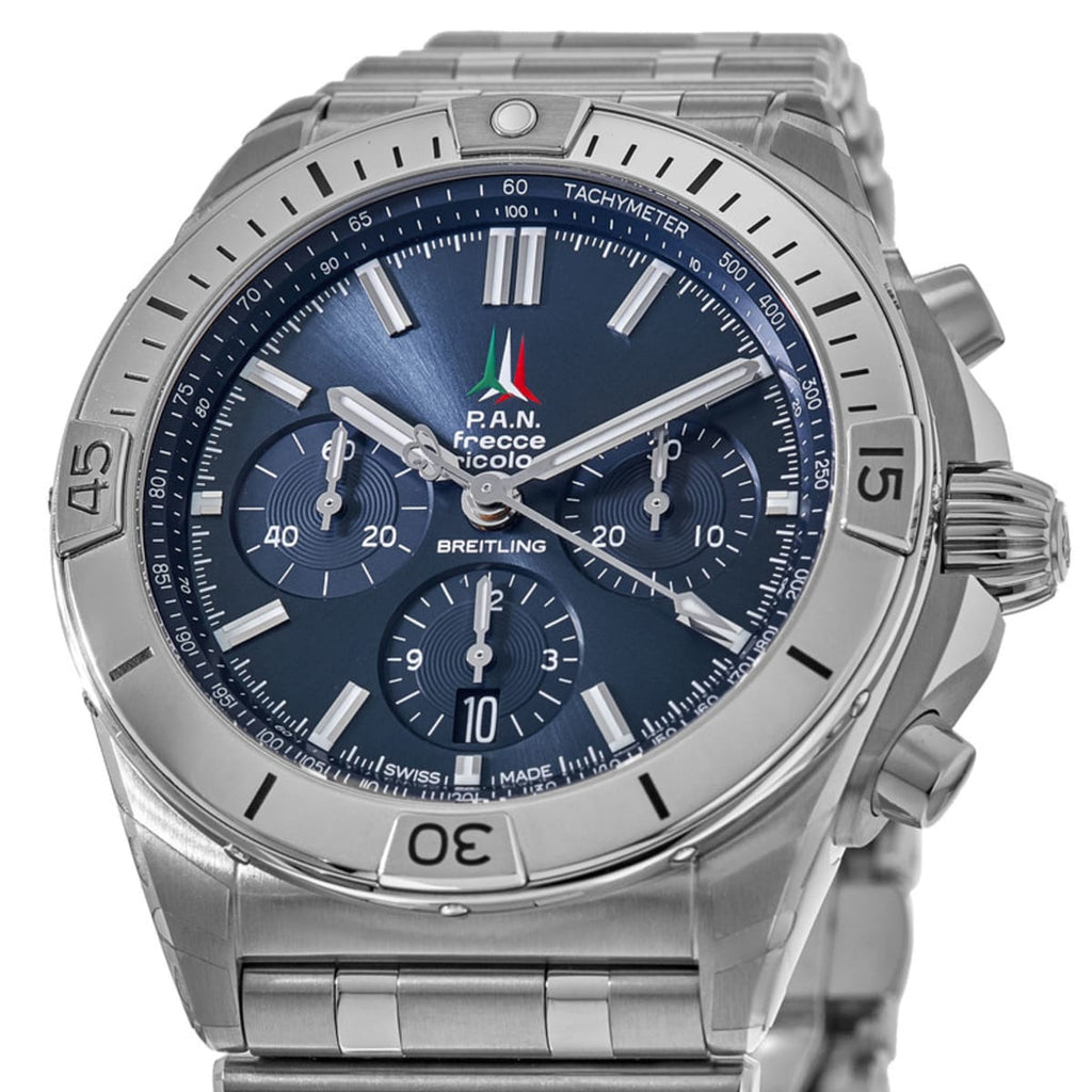 Breitling Chronomat B01 42 Frecce Tricolori Blue Dial Silver Steel Strap Watch for Men - AB01344A1C1A1 Buy Now By Breitling