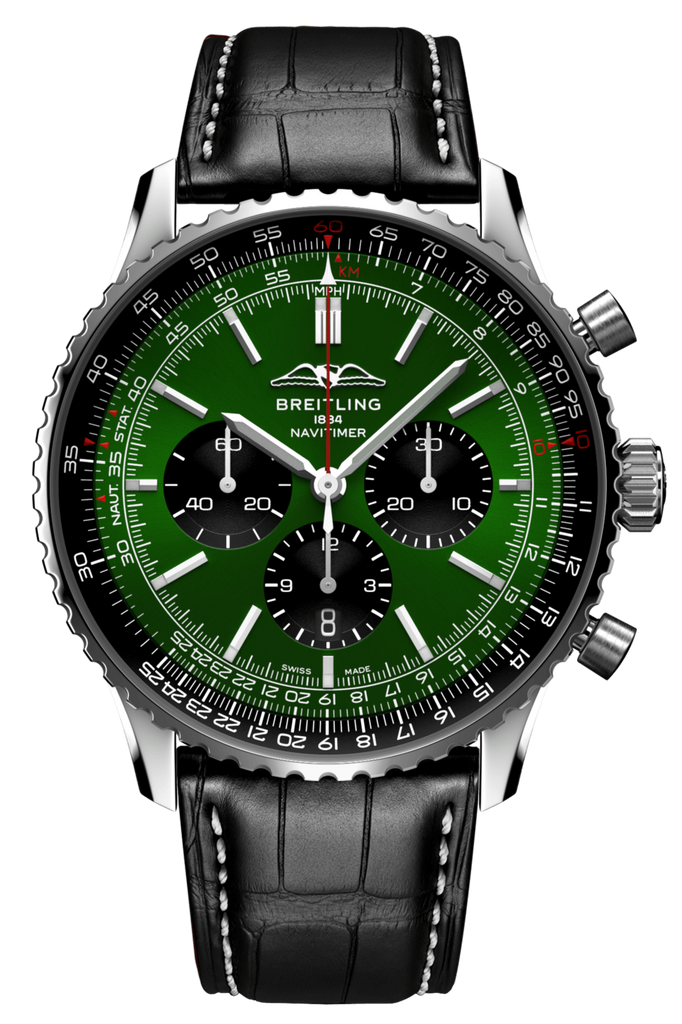 Breitling Navitimer B01 Chronograph 46 Green Dial Black Leather Strap Watch for Men - AB0137241L1P1 Buy Now By Breitling