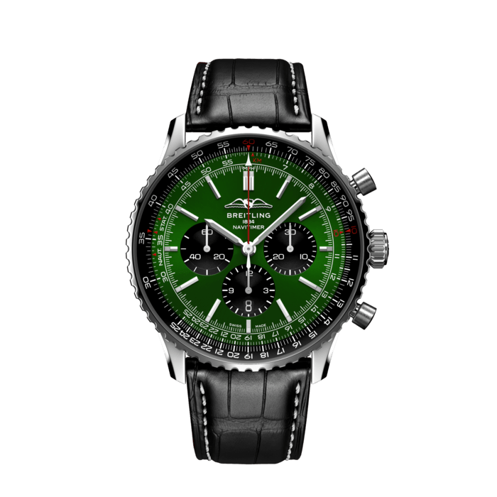 Breitling Navitimer B01 Chronograph 46 Green Dial Black Leather Strap Watch for Men - AB0137241L1P1 Buy Now By Breitling