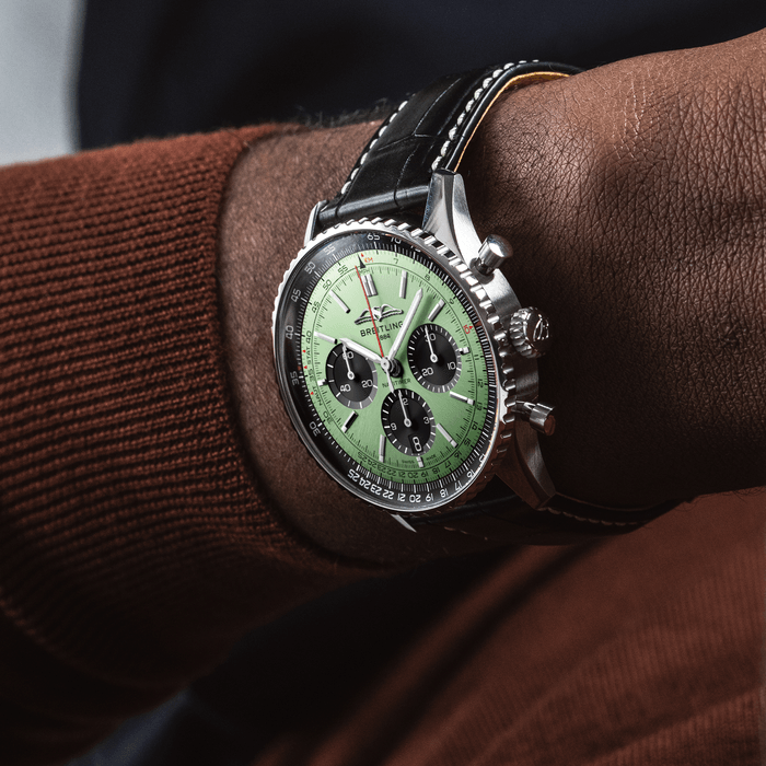 Breitling Navitimer B01 Chronograph 43 Green Dial Black Leather Strap Watch for Men - AB0138241L1P1 Buy Now By Breitling