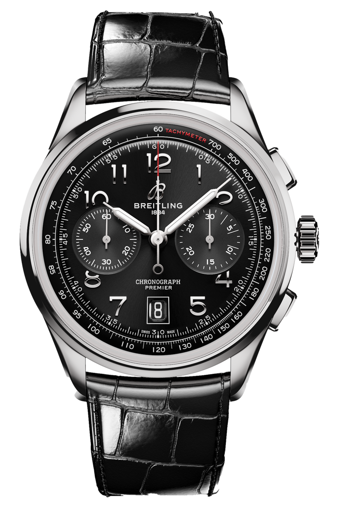 Breitling Premier B01 Chronograph 42 Black Dial Black Leather Strap Watch for Men - AB0145221B1P1 Buy Now By Breitling