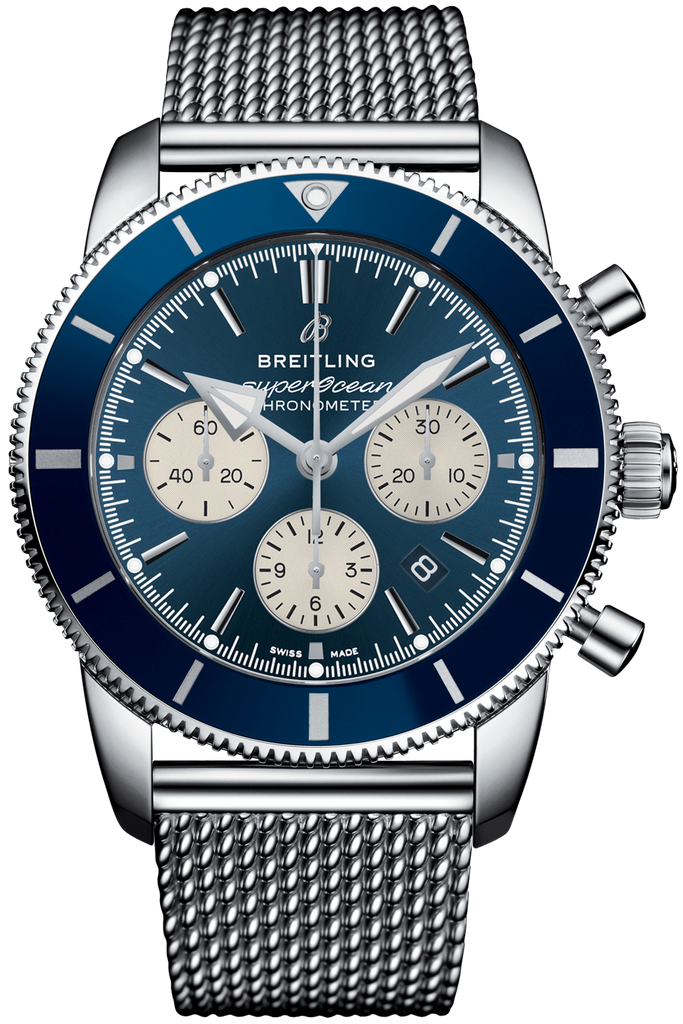 Breitling Superocean Heritage B01 Chronograph 44 Blue Dial Silver Mesh Bracelet Watch for Men - AB0162161C1A1 Buy Now By Breitling