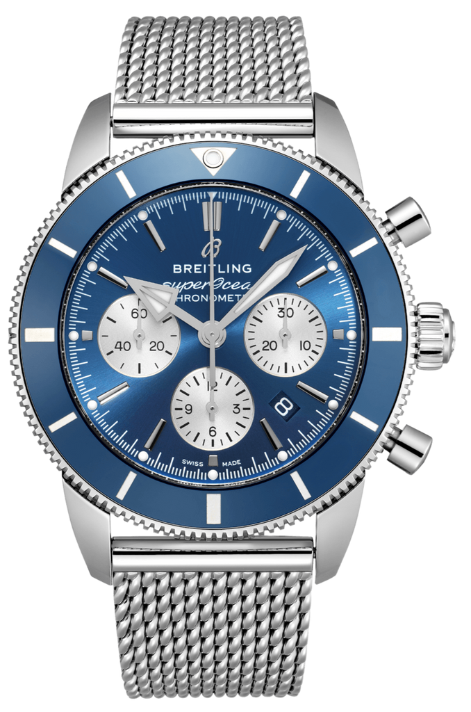 Breitling Superocean Heritage B01 Chronograph 44 Blue Dial Silver Mesh Bracelet Watch for Men - AB0162161C1A1 Buy Now By Breitling