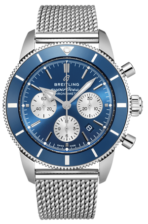 Breitling Superocean Heritage B01 Chronograph 44 Blue Dial Silver Mesh Bracelet Watch for Men - AB0162161C1A1 Buy Now By Breitling