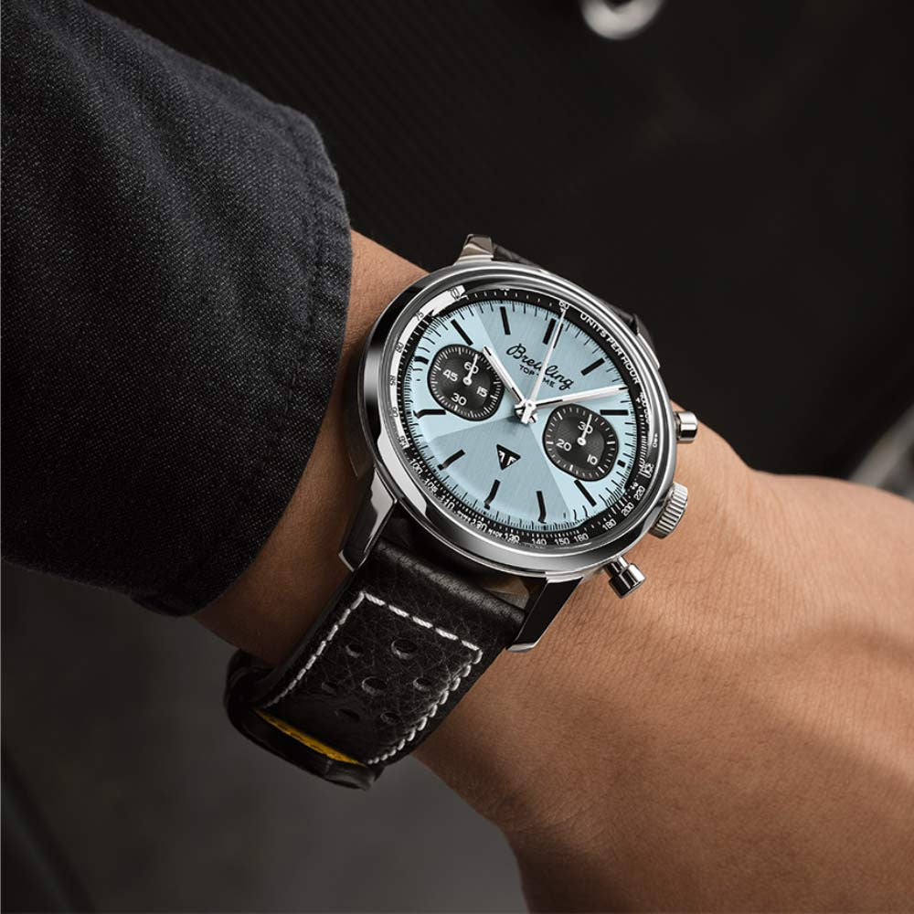 Breitling Top Time B01 Triumph Blue Dial Black Leather Strap Watch for Men - AB01764A1C1X1 Buy Now By Breitling