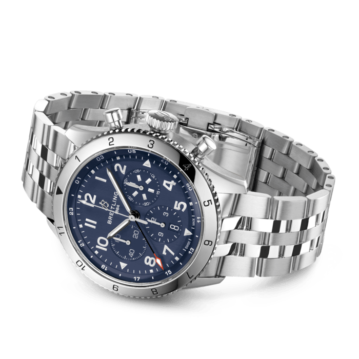 Breitling Super Avi B04 Chronograph GMT 46 Tribute to Vought F4U Corsair Blue Dial Silver Steel Strap Watch for Men - AB04451A1C1A1 Buy Now By Breitling