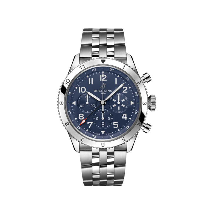 Breitling Super Avi B04 Chronograph GMT 46 Tribute to Vought F4U Corsair Blue Dial Silver Steel Strap Watch for Men - AB04451A1C1A1 Buy Now By Breitling