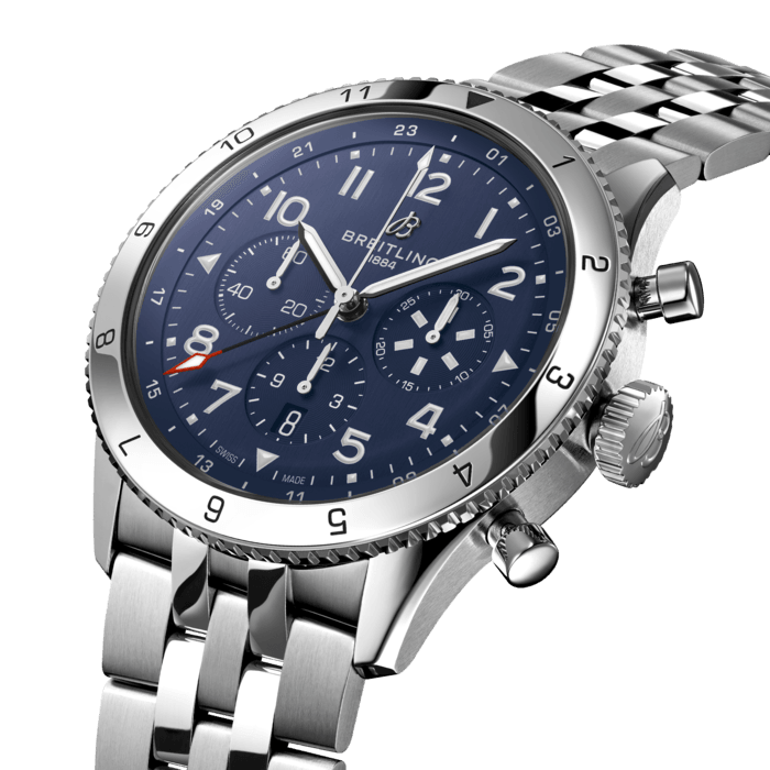 Breitling Super Avi B04 Chronograph GMT 46 Tribute to Vought F4U Corsair Blue Dial Silver Steel Strap Watch for Men - AB04451A1C1A1 Buy Now By Breitling
