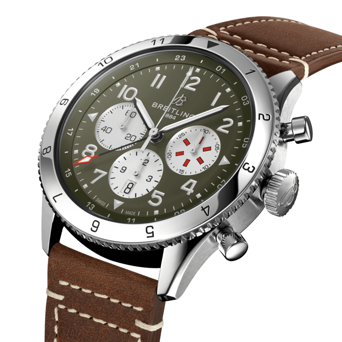 Breitling Super Avi B04 Chronograph GMT 46 Curtiss Warhawk Green Dial Brown Leather Strap Watch for Men - AB04452A1L1X1 Buy Now By Breitling
