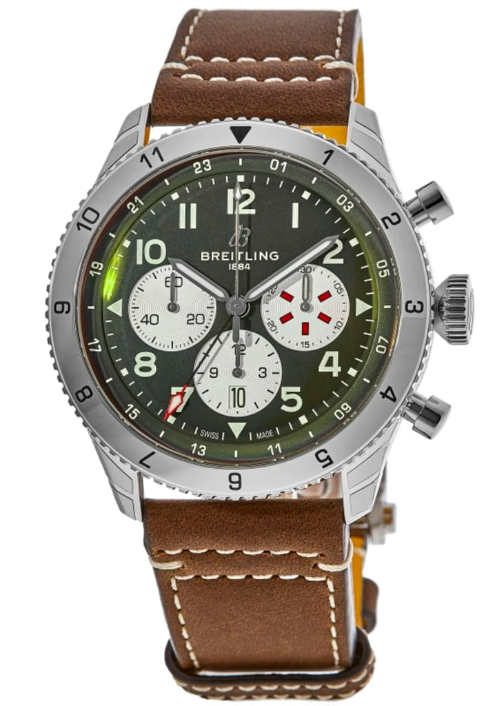 Breitling Super Avi B04 Chronograph GMT 46 Curtiss Warhawk Green Dial Brown Leather Strap Watch for Men - AB04452A1L1X1 Buy Now By Breitling