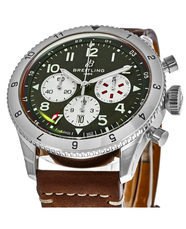 Breitling Super Avi B04 Chronograph GMT 46 Curtiss Warhawk Green Dial Brown Leather Strap Watch for Men - AB04452A1L1X1 Buy Now By Breitling