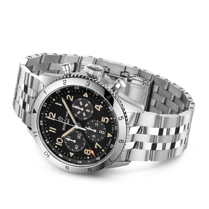 Breitling Super Avi B04 Chronograph GMT 46 P-51 Mustang Black Dial Silver Steel Strap Watch for Men - AB04453A1B1A1 Buy Now By Breitling