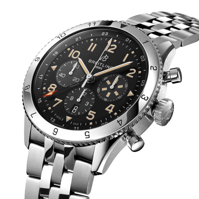 Breitling Super Avi B04 Chronograph GMT 46 P-51 Mustang Black Dial Silver Steel Strap Watch for Men - AB04453A1B1A1 Buy Now By Breitling