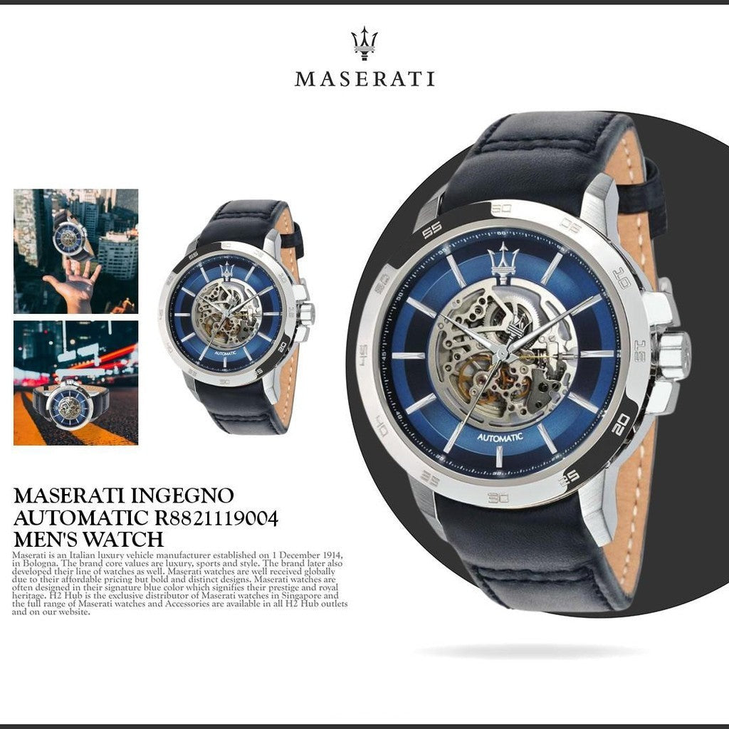Maserati Ingegno Automatic Blue Skeleton Dial Black Leather Strap Watch For Men - R8821119004 Buy Now By Maserati