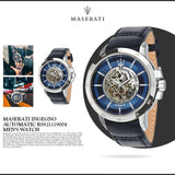 Maserati Ingegno Automatic Blue Skeleton Dial Black Leather Strap Watch For Men - R8821119004 Buy Now By Maserati