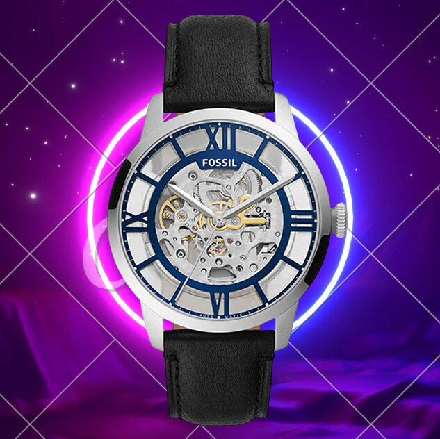 Fossil Townsman Automatic Skeleton Blue Dial Black Leather Strap Watch for Men - ME3200 Buy Now By Fossil