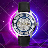 Fossil Townsman Automatic Skeleton Blue Dial Black Leather Strap Watch for Men - ME3200 Buy Now By Fossil