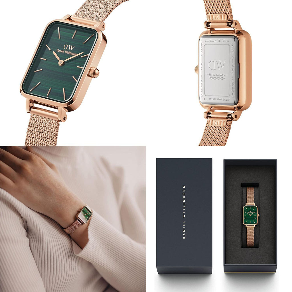 Daniel Wellington Quadro Melrose Green Dial Rose Gold Mesh Strap Watch For Women - DW00100437