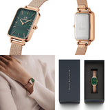 Daniel Wellington Quadro Melrose Green Dial Rose Gold Mesh Strap Watch For Women - DW00100437