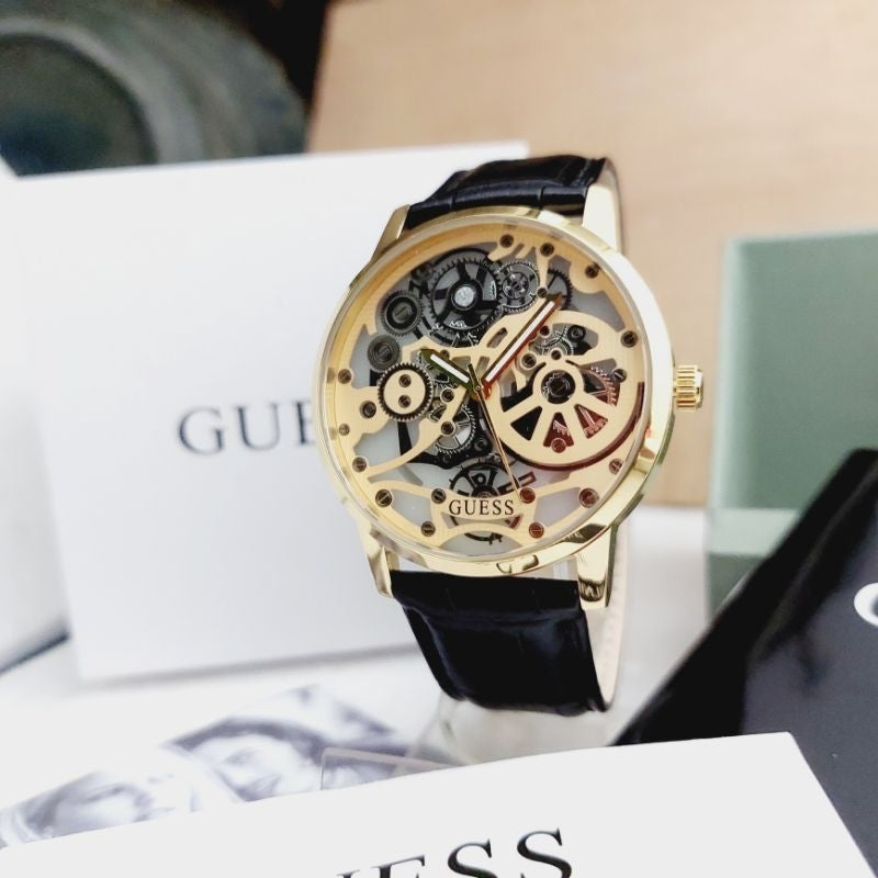 Guess Gadget Gold Dial Black Leather Strap Watch for Men - GW0570G1 Buy Now By Guess