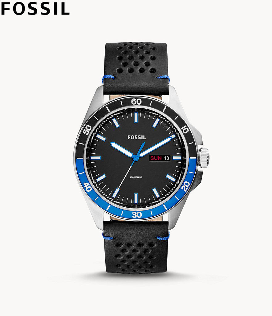 Fossil Sport 54 Day Date Black Dial Black Leather Strap Watch for Men - FS5321 Buy Now By Fossil