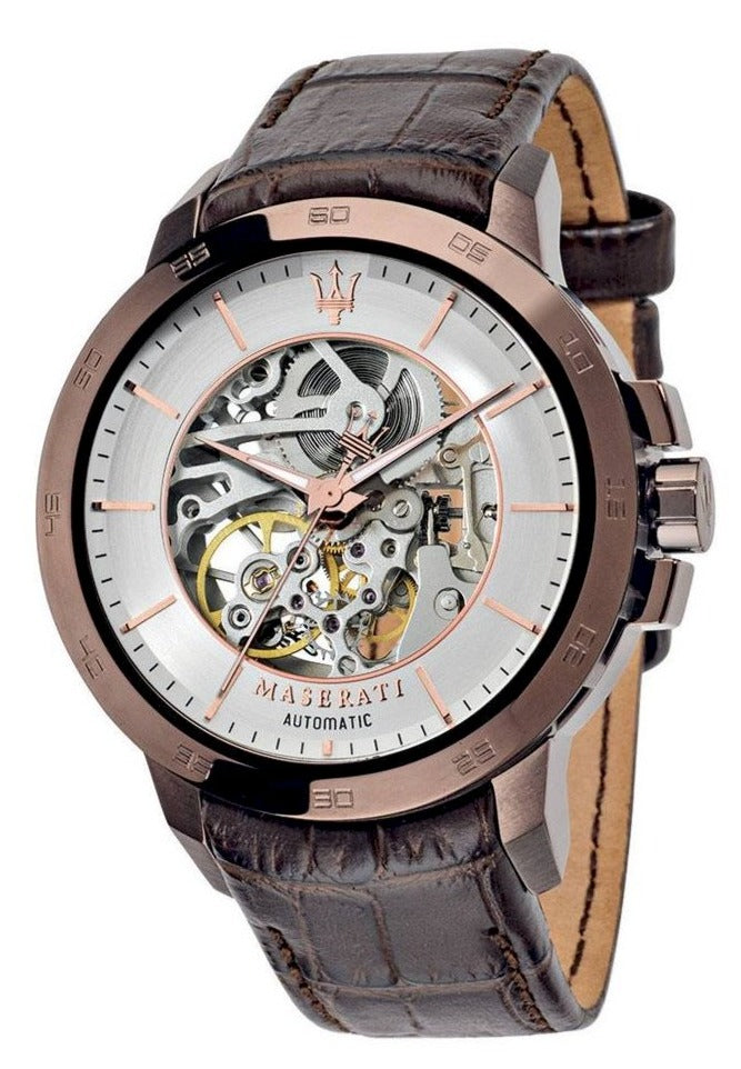 Maserati Ingegno Automatic White Skeleton Dial Brown Leather Strap Watch For Men - R8821119003 Buy Now By Maserati