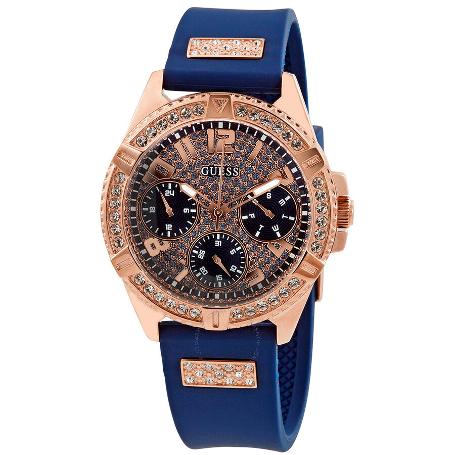 Guess Frontier DIamonds Gold Dial Blue Rubber Strap Watch For Women - W1160L3 Buy Now By Guess