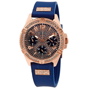 Guess Frontier DIamonds Gold Dial Blue Rubber Strap Watch For Women - W1160L3 Buy Now By Guess