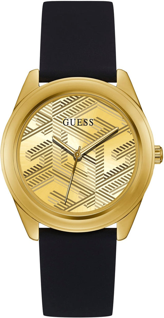 Guess Cubed Analog Gold Dial Black Silicone Strap Watch For Women - GW0665L1 Buy Now By Guess