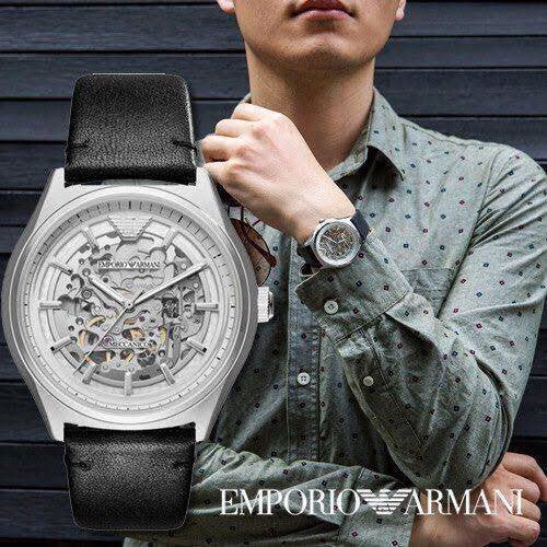 Emporio Armani Meccanico White Skeleton Dial Black Leather Strap Watch For Men - AR60003 Buy Now By Emporio Armani