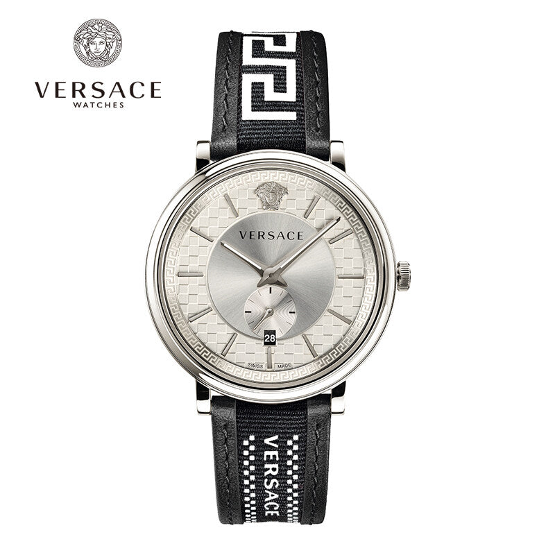 Versace V-Circle Black Manifesto Courage Quartz Silver Dial Black Leather Strap Watch for Men - VBQ080017 Buy Now By Versace
