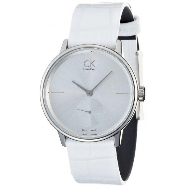 Calvin Klein Accent Silver Dial White Leather Strap Watch for Women - K2Y231K6 Buy Now By Calvin Klein
