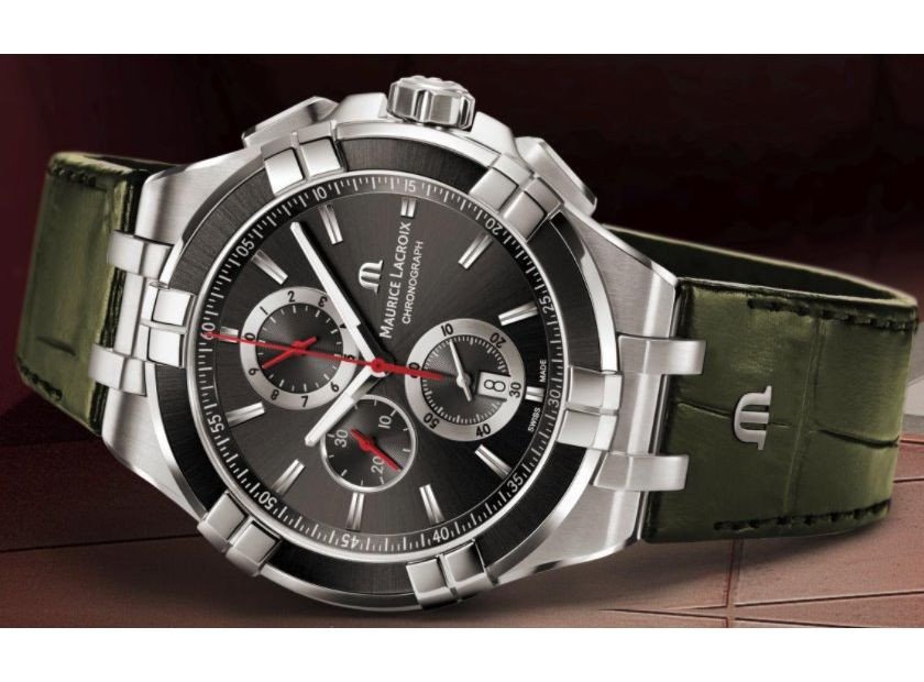 Maurice Lacroix Aikon Chronograph Black Dial Green Leather Strap Watch for Men - AI1018-PVB21-330-1 Buy Now By Maurice Lacroix