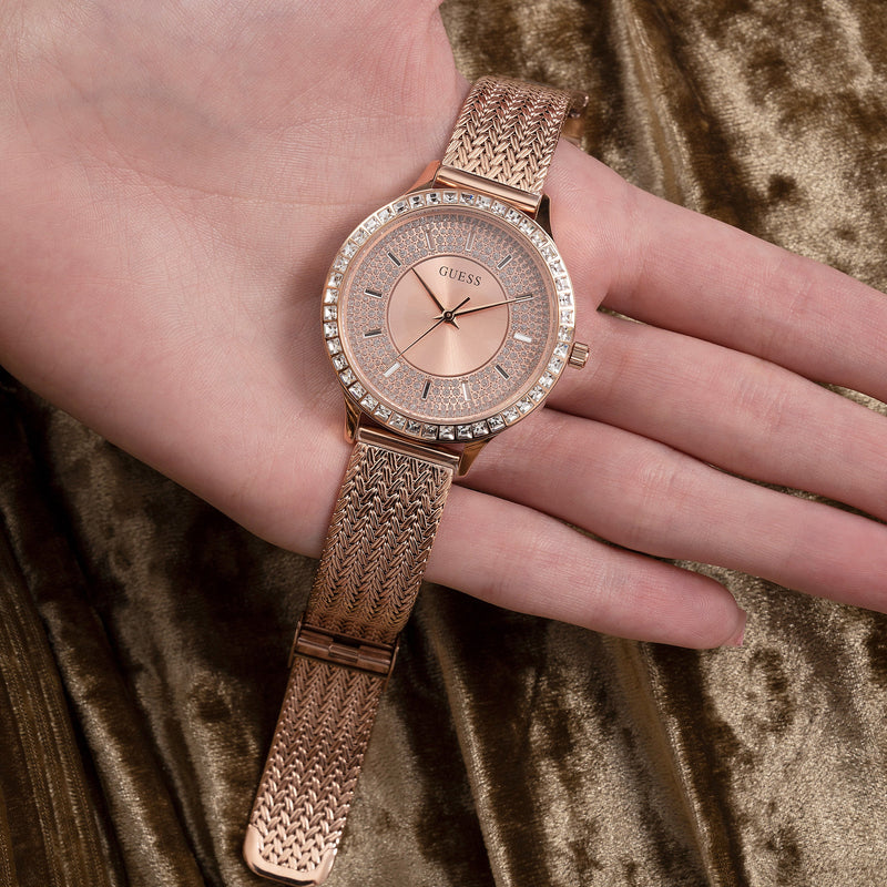 Guess Soiree Diamonds Rose Gold Dial Rose Gold Mesh Bracelet Watch for Women - GW0402L3 Buy Now By Guess