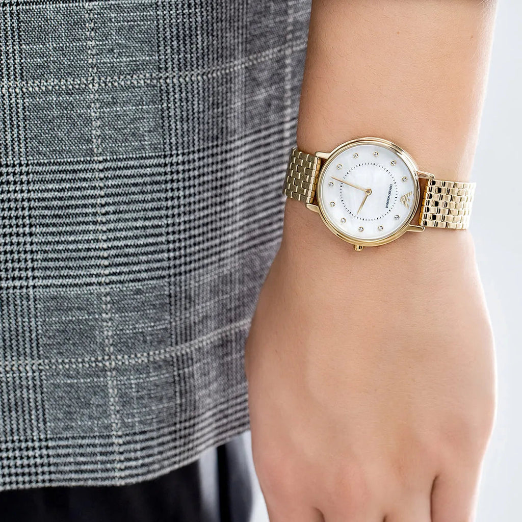 Emporio Armani Dress Analog Mother of Pearl Dial Gold Steel Strap Watch For Women - AR11007 Buy Now By Emporio Armani
