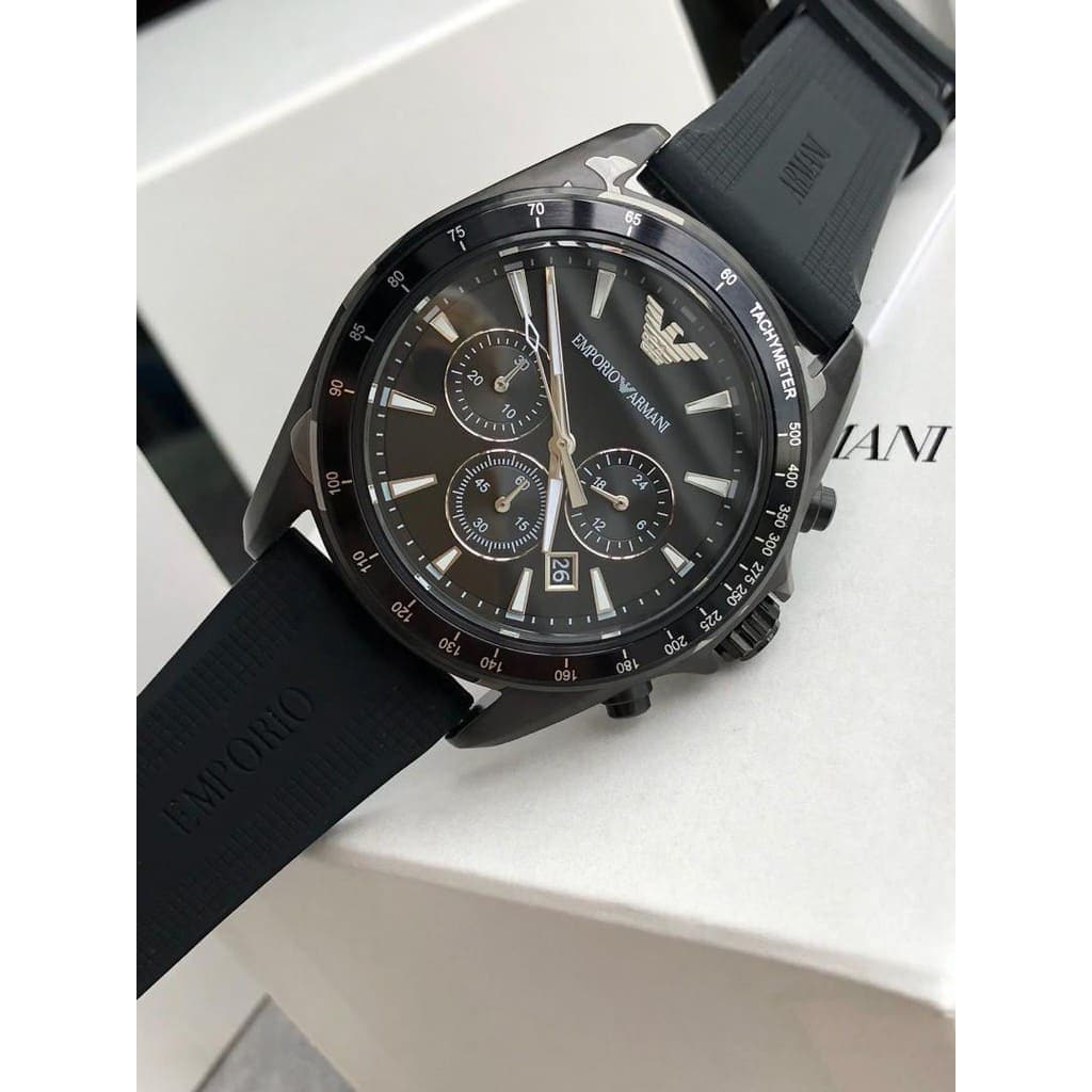 Emporio Armani Giovanni Chronograph Black Dial Black Rubber Strap Watch For Men - AR11028 Buy Now By Emporio Armani
