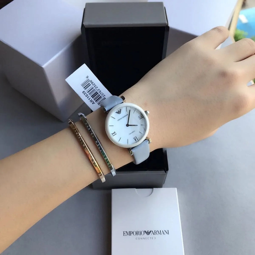 Emporio Armani Gianni T-Bar Mother Of Pearl White Dial Grey Leather Strap Watch For Women - AR11039 Buy Now By Emporio Armani