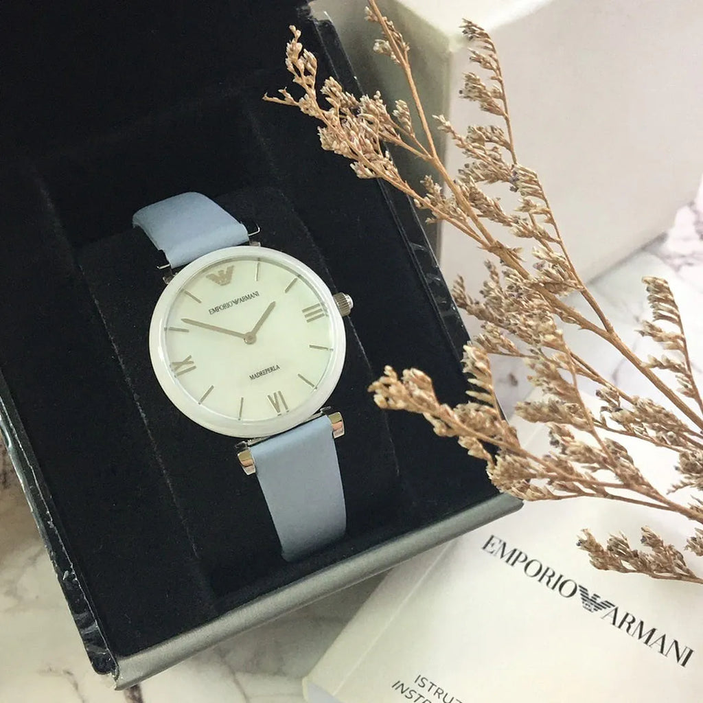 Emporio Armani Gianni T-Bar Mother Of Pearl White Dial Grey Leather Strap Watch For Women - AR11039 Buy Now By Emporio Armani