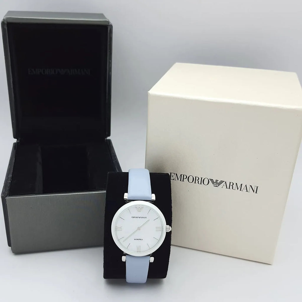 Emporio Armani Gianni T-Bar Mother Of Pearl White Dial Grey Leather Strap Watch For Women - AR11039 Buy Now By Emporio Armani