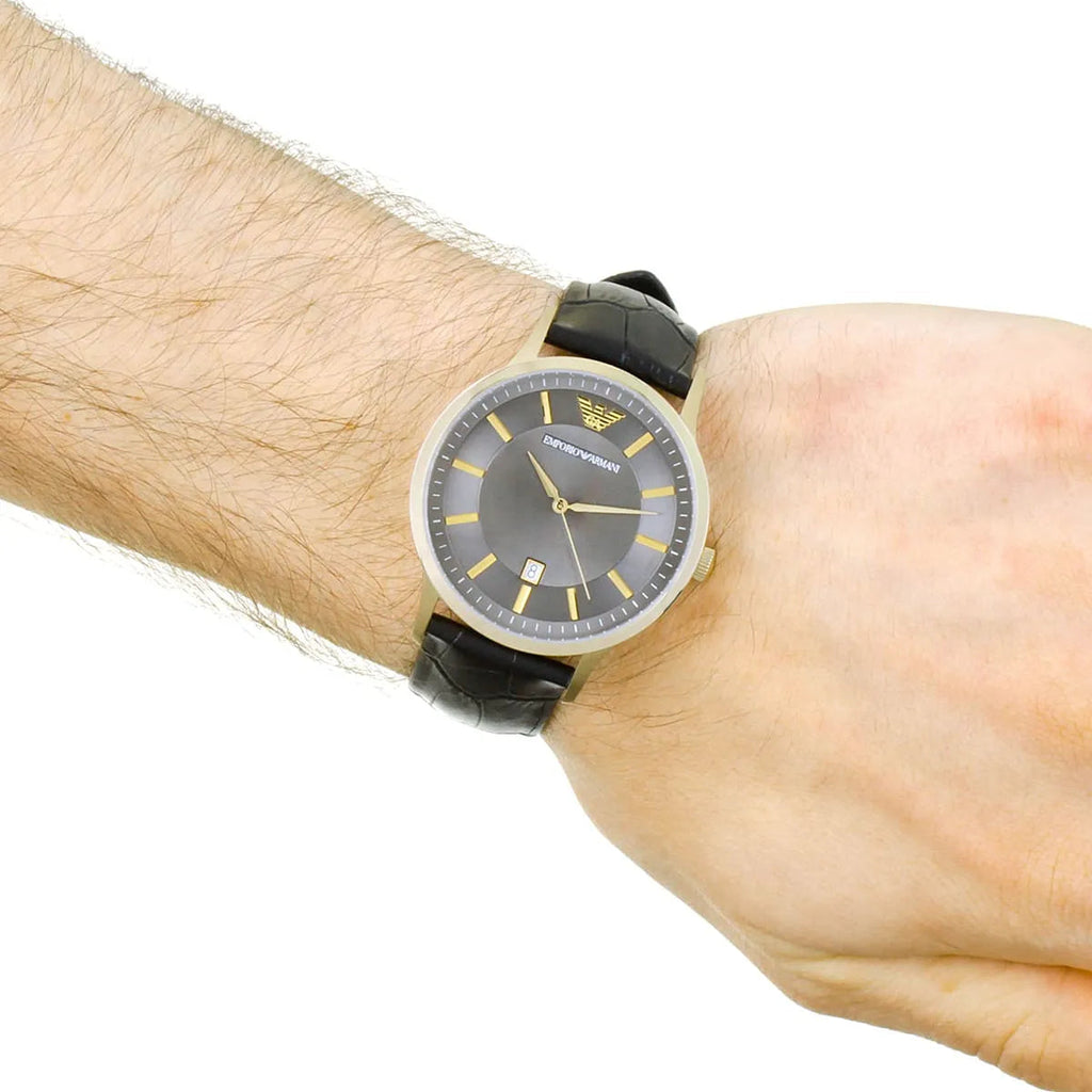 Emporio Armani Renato Quartz Grey Dial Black Leather Strap Watch For Men - AR11049 Buy Now By Emporio Armani