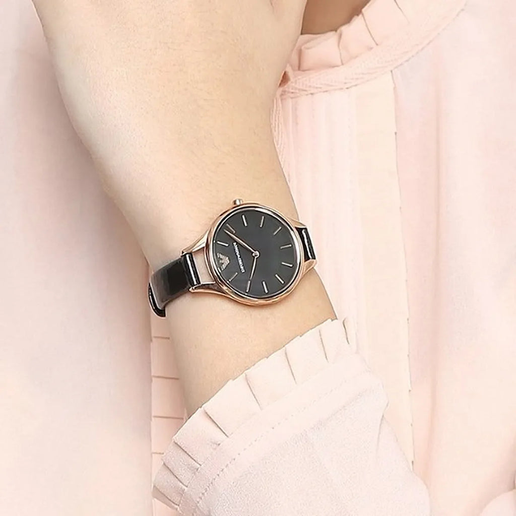 Emporio Armani Aurora Mother Of Pearl Black Dial Black Leather Strap Watch For Women - AR11056 Buy Now By Emporio Armani