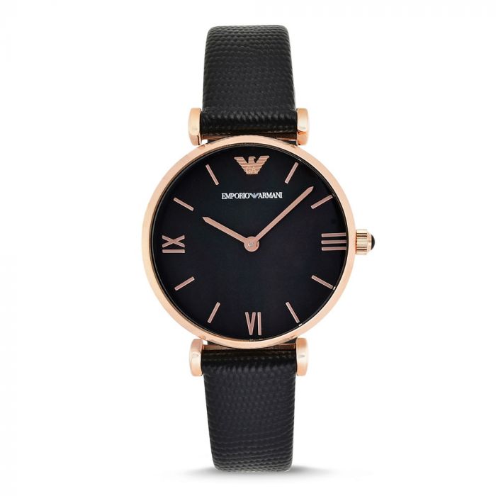 Emporio Armani Gianni T Bar Black Mother of Pearl Dial Black Leather Strap Watch For Women - AR11060 Buy Now By Emporio Armani