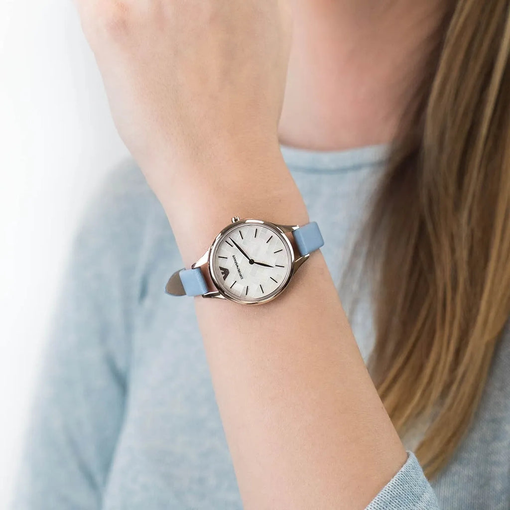 Emporio Armani Aurora Quartz Mother of Pearl White Dial Blue Leather Strap Watch For Women - AR11109 Buy Now By Emporio Armani