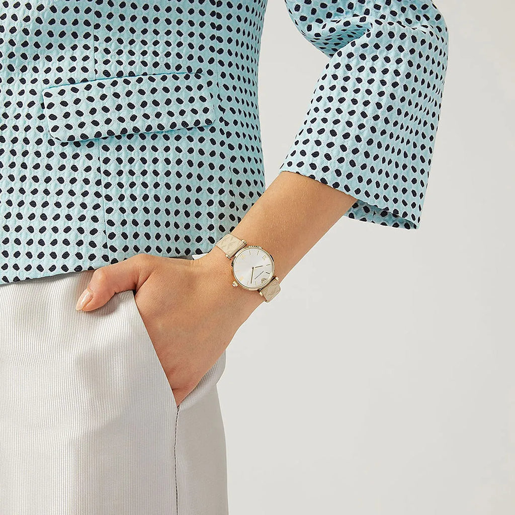 Emporio Armani Gianni T Bar Analog Silver Dial Beige Leather Strap Watch For Women - AR11127 Buy Now By Emporio Armani