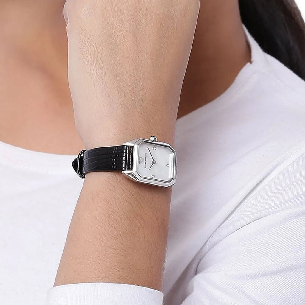 Emporio Armani Gioia Analog Mother of Pearl Dial Black Leather Strap Watch For Women - AR11148 Buy Now By Emporio Armani