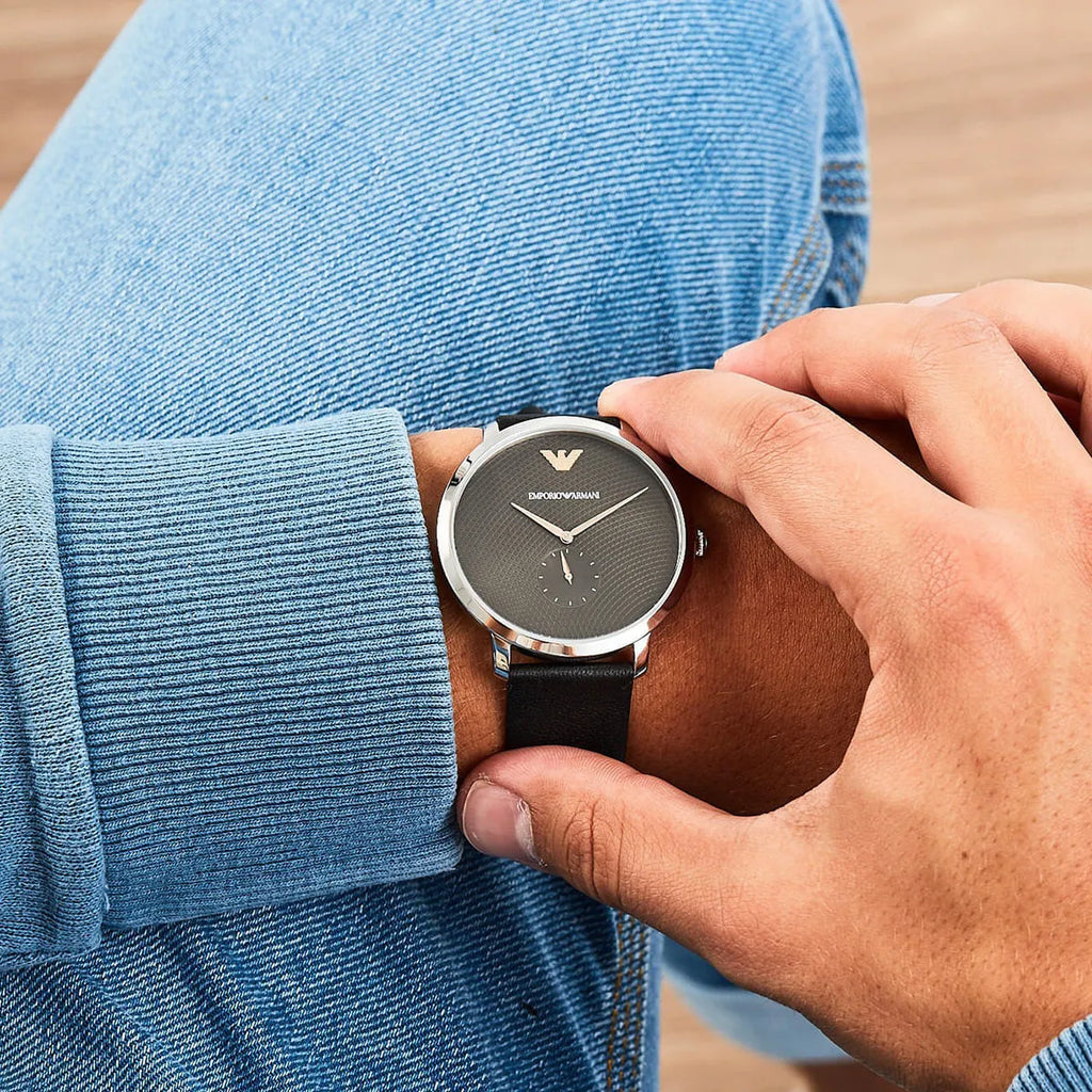 Emporio Armani Modern Slim Quartz Grey Dial Black Leather Strap Watch For Men - AR11162 Buy Now By Emporio Armani