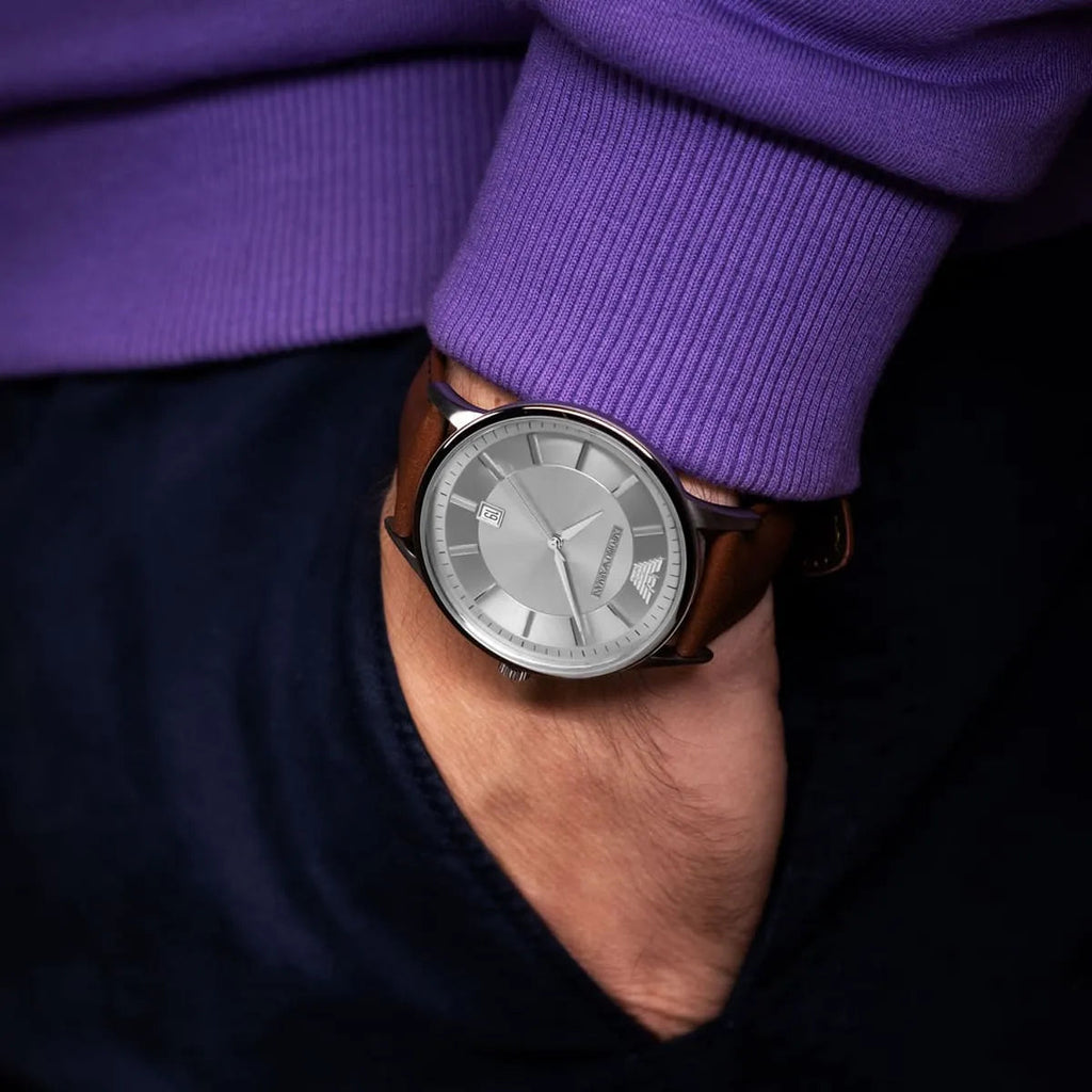 Emporio Armani Renato Quartz Silver Dial Brown Leather Strap Watch For Men - AR11185 Buy Now By Emporio Armani