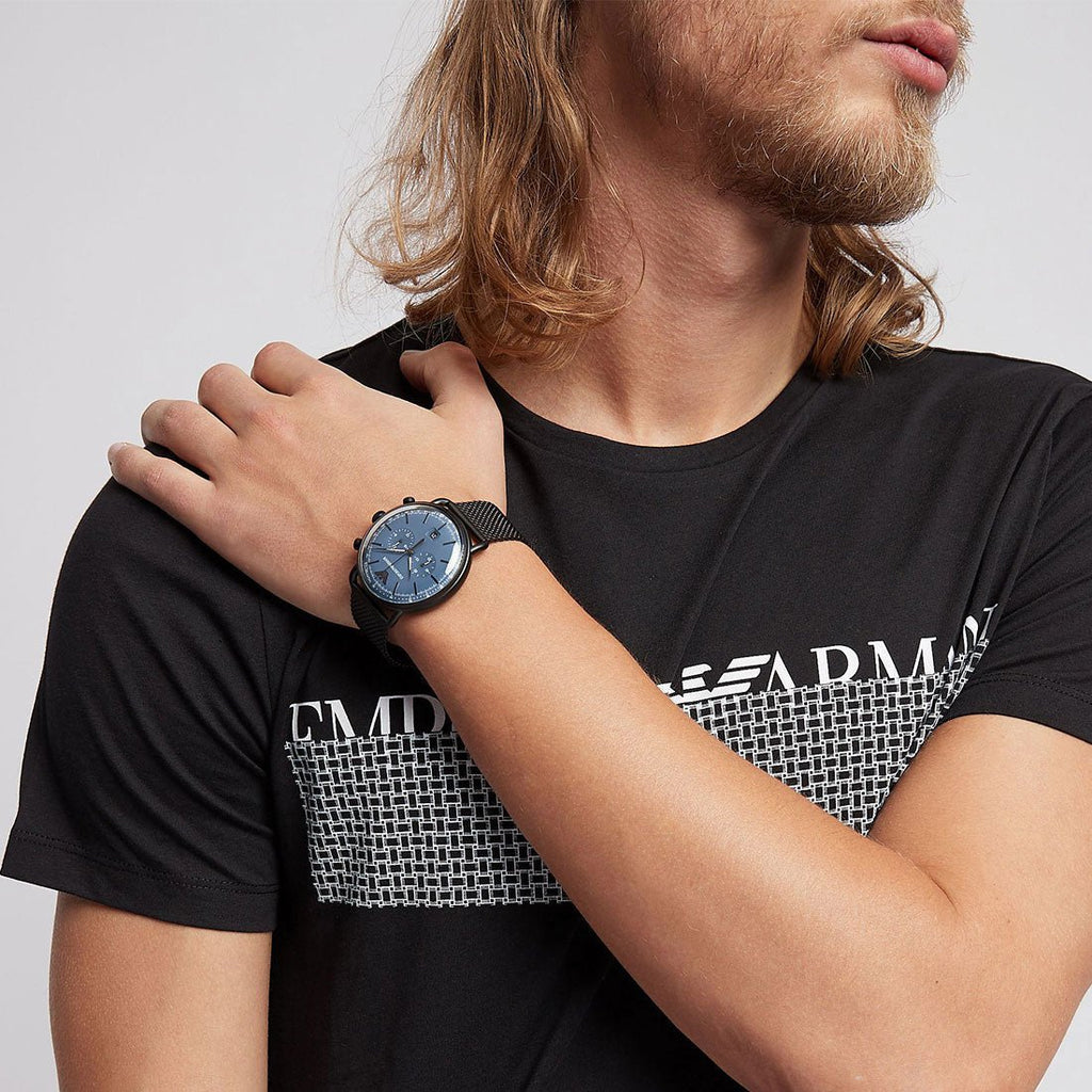 Emporio Armani Aviator Chronograph Blue Dial Black Mesh Bracelet Watch For Men - AR11201 Buy Now By Emporio Armani