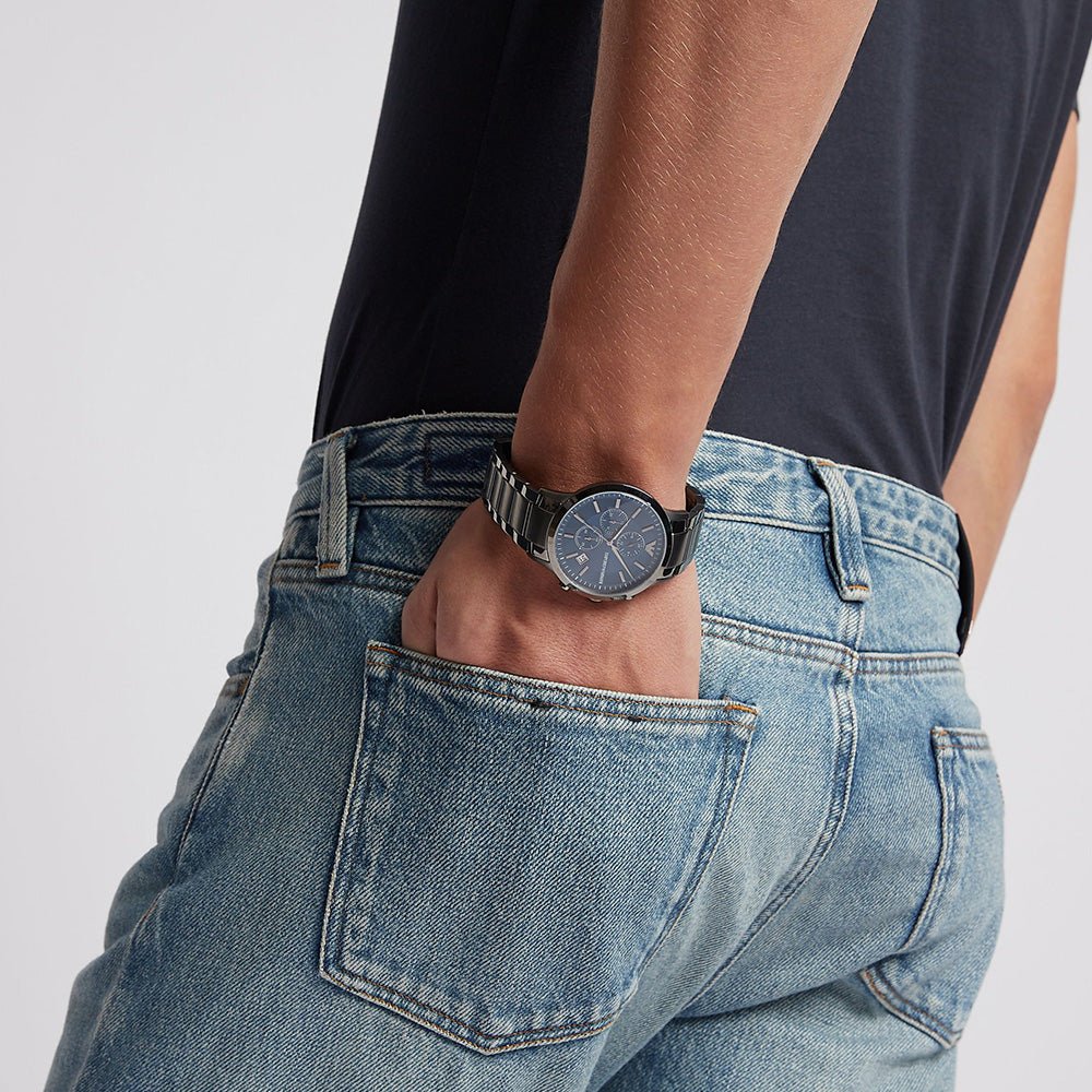 Emporio Armani Renato Chronograph Blue Dial Grey Steel Strap Watch For Men - A11215 Buy Now By Emporio Armani